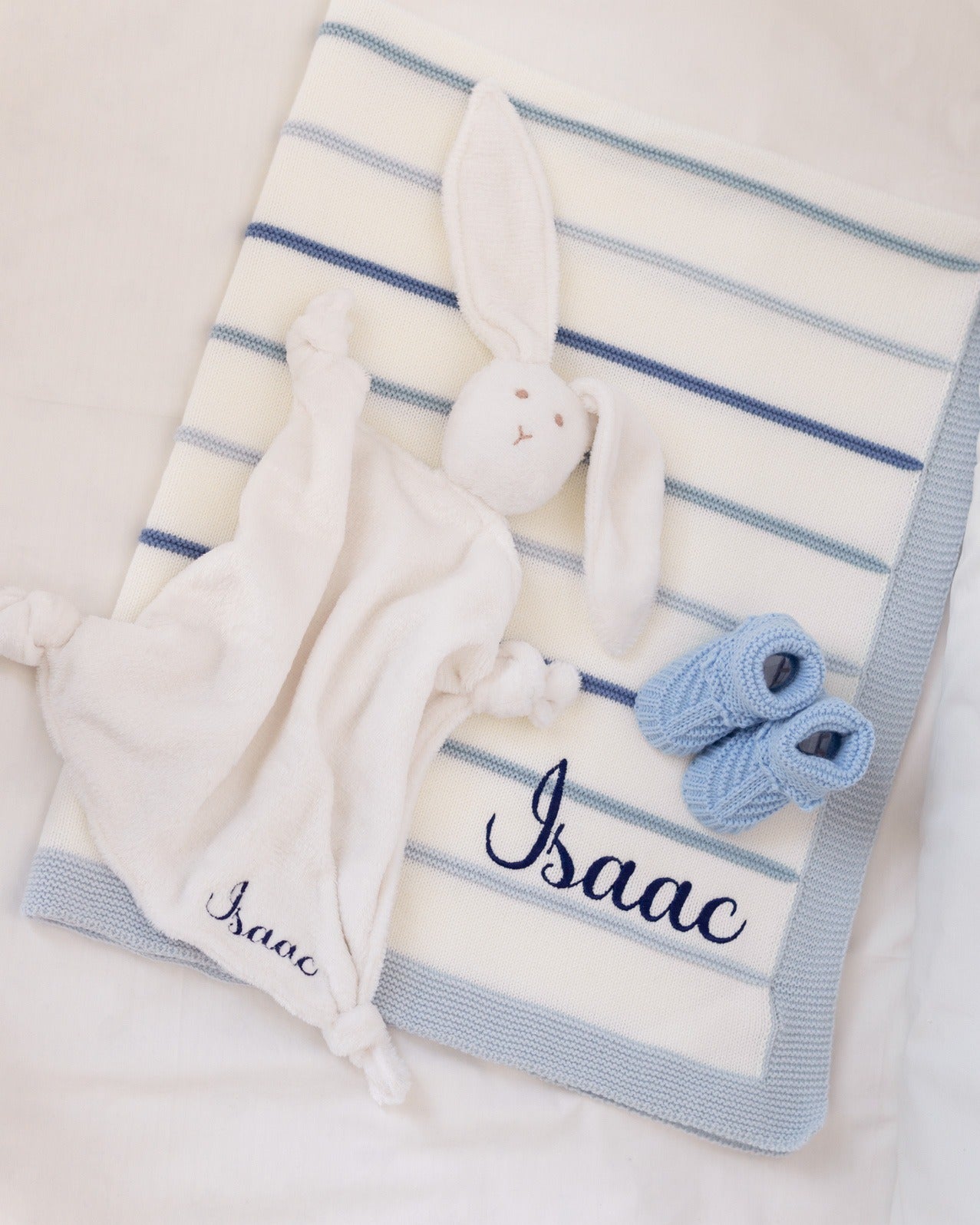 Kit Welcome Baby Rayas Personalizada Us + Trapito Apego Polar y Botitas Tejidas Envío Gratis